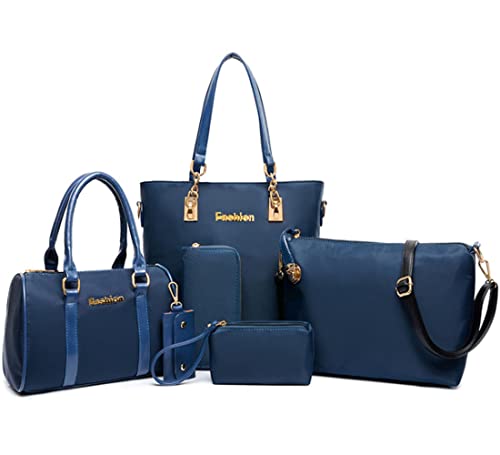 FiveloveTwo Women Ladies 6 Pcs Handbag Set Hobo Top Handle Bag Totes Satchels Crossbody Shoulder Bags and Purse Clutch Black