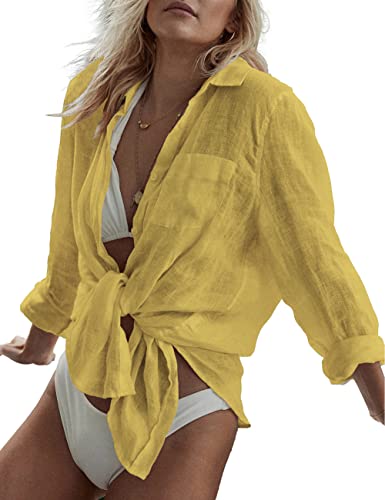 Bsubseach Long Sleeve Beach Shirt Blouses Women Turn Down Collar Bikini Bathing Suit Cover Ups Swimwear Apricot