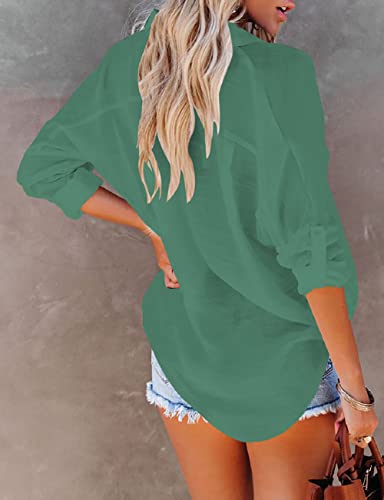 Bsubseach Women Casual Navy Turn Down Collar Bikini Bathing Suit Cover Ups Long Sleeve Beach Cover Up with Pockets