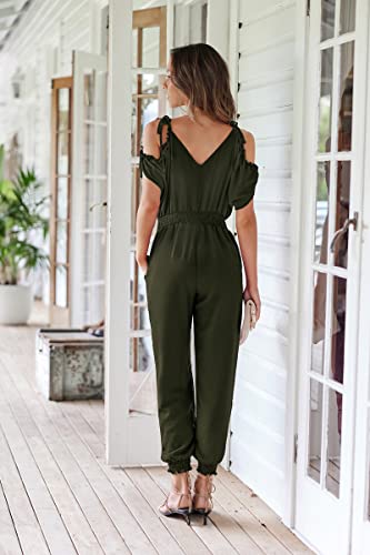 ECOWISH Women's V Neck Spaghetti Strap Drawstring Waisted Long Pants Jumpsuit Rompers