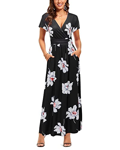 OUGES Women's Summer Casual V Neck Short Sleeve Floral Pattern Wrap Ladies Maxi Long Dress with Pockets
