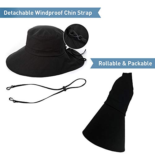 Comhats Ladies Sun Hat Foldable UPF 50 Wide Brim with Neck Protection Summer Spring UV Cotton Safari Gardening Walking Hat with Chin Strap Beige Small