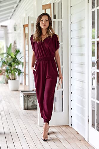 ECOWISH Women's V Neck Spaghetti Strap Drawstring Waisted Long Pants Jumpsuit Rompers