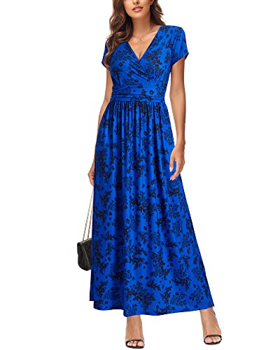 OUGES Women's Summer Casual V Neck Short Sleeve Floral Pattern Wrap Ladies Maxi Long Dress with Pockets