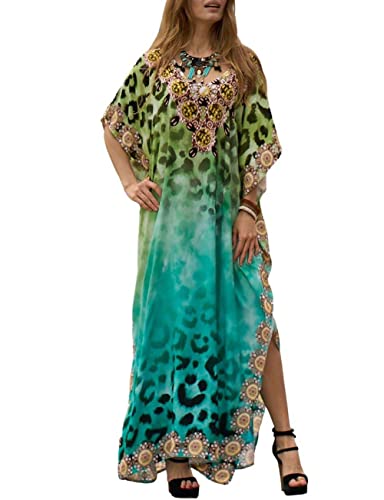 Bsubseach Green Snake Print Loose Kaftan Dress Plus Size Beach Cover Up Half Sleeve Caftan Maxi Dress for Women