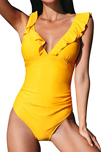 CUPSHE Women One Piece Swimsuit Ruffled Lace Up Beach Swimwear Tummy Control Swimming Costume Bathing Suit