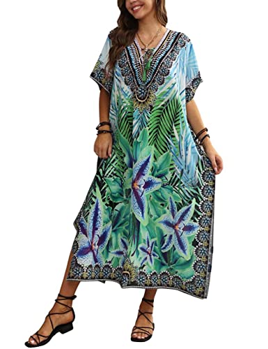 Bsubseach Green Snake Print Loose Kaftan Dress Plus Size Beach Cover Up Half Sleeve Caftan Maxi Dress for Women