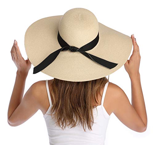 Lanzom Womens 5.5 Inches Wide Brim Straw Hat Floppy Foldable Roll up Cap Beach Sun Hat