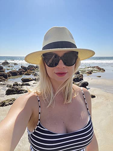 FURTALK Sun Hats for Women Men, Adjustable Summer Panama Fedora Wide Brim Hat UV UPF 50+,Foldable Packable Straw Beach Hat Beige