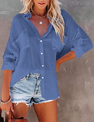 Bsubseach Women Casual Navy Turn Down Collar Bikini Bathing Suit Cover Ups Long Sleeve Beach Cover Up with Pockets