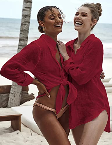 Bsubseach Long Sleeve Beach Shirt Blouses Women Turn Down Collar Bikini Bathing Suit Cover Ups Swimwear Apricot