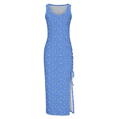 Summer Dresses for Women UK Clearance Sleeveless High Waist Solid and Printed Ribbed Drawstring Ruched Sexy High Slit Dresses Ladies Trendy Dresses for Vacation Cocktail Work Wedding Activewear
