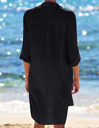 Bsubseach Women Casual Navy Turn Down Collar Bikini Bathing Suit Cover Ups Long Sleeve Beach Cover Up with Pockets