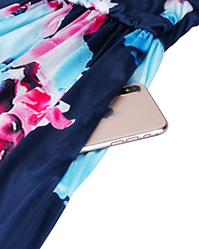 OUGES Women's Summer Casual V Neck Short Sleeve Floral Pattern Wrap Ladies Maxi Long Dress with Pockets