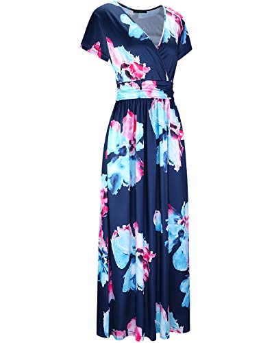 OUGES Women's Summer Casual V Neck Short Sleeve Floral Pattern Wrap Ladies Maxi Long Dress with Pockets