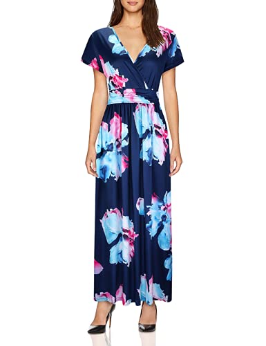 OUGES Women's Summer Casual V Neck Short Sleeve Floral Pattern Wrap Ladies Maxi Long Dress with Pockets