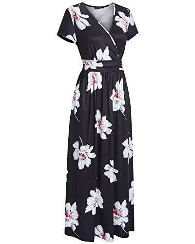 OUGES Women's Summer Casual V Neck Short Sleeve Floral Pattern Wrap Ladies Maxi Long Dress with Pockets