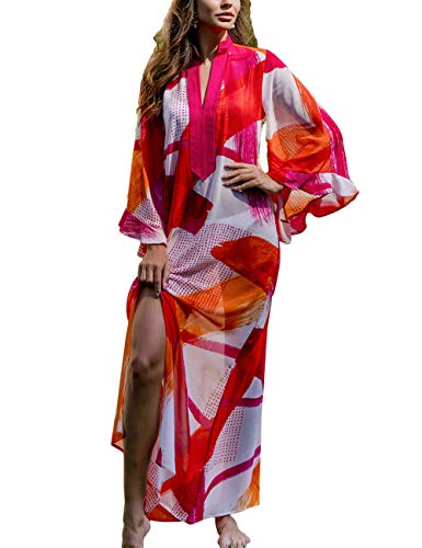 Bsubseach Chiffon Print Shirt Dress Beach Cover Up Loose Turn Down Collar Long Sleeve Bikini Kaftan Cover Ups for Swimwear Women