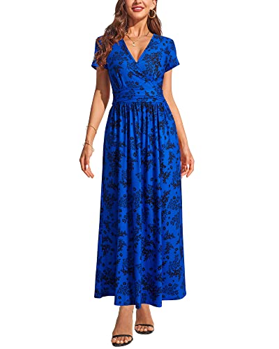 OUGES Women's Summer Casual V Neck Short Sleeve Floral Pattern Wrap Ladies Maxi Long Dress with Pockets