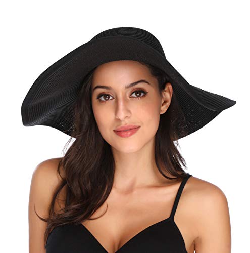 Lanzom Womens 5.5 Inches Wide Brim Straw Hat Floppy Foldable Roll up Cap Beach Sun Hat
