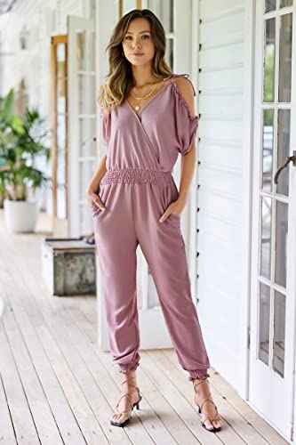 ECOWISH Women's V Neck Spaghetti Strap Drawstring Waisted Long Pants Jumpsuit Rompers