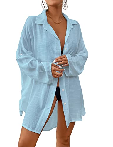 Bsubseach Women Casual Navy Turn Down Collar Bikini Bathing Suit Cover Ups Long Sleeve Beach Cover Up with Pockets