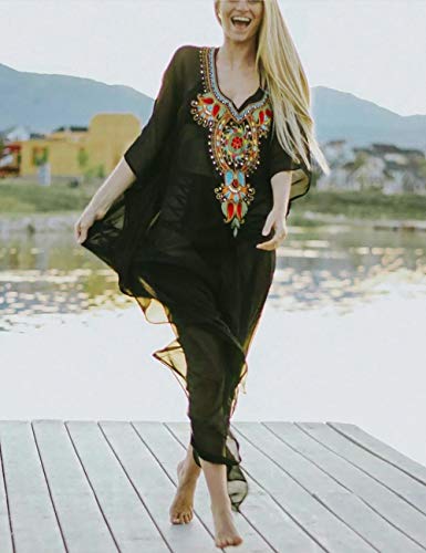 Bsubseach Chiffon Print Shirt Dress Beach Cover Up Loose Turn Down Collar Long Sleeve Bikini Kaftan Cover Ups for Swimwear Women