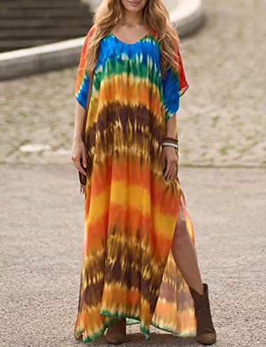 Bsubseach Green Snake Print Loose Kaftan Dress Plus Size Beach Cover Up Half Sleeve Caftan Maxi Dress for Women