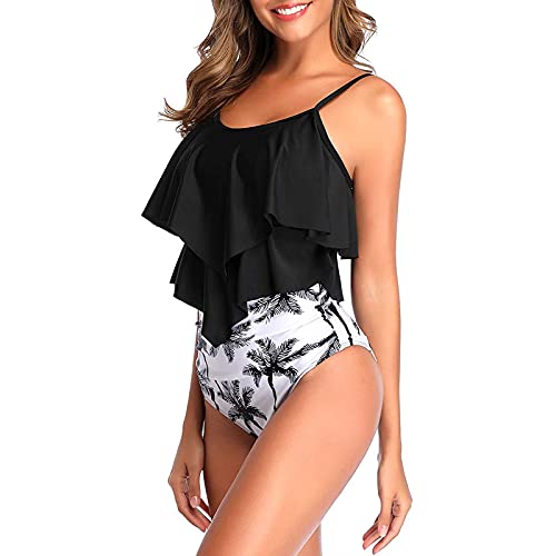 Genfien Swimsuit for Women Two Piece Bathing Suits Ruffled Flounce Top with High Waisted Bottom Bikini Set