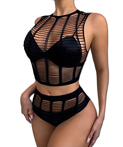 Buitifo Womens Lingerie Fishnet Babydoll Bodysuit Mini Dress Set One Size