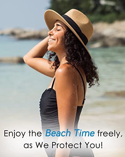FURTALK Sun Hats for Women Men, Adjustable Summer Panama Fedora Wide Brim Hat UV UPF 50+,Foldable Packable Straw Beach Hat Beige