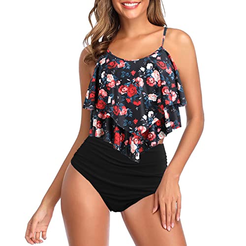 Genfien Swimsuit for Women Two Piece Bathing Suits Ruffled Flounce Top with High Waisted Bottom Bikini Set