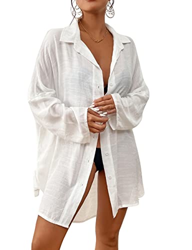 Bsubseach Women Casual Navy Turn Down Collar Bikini Bathing Suit Cover Ups Long Sleeve Beach Cover Up with Pockets