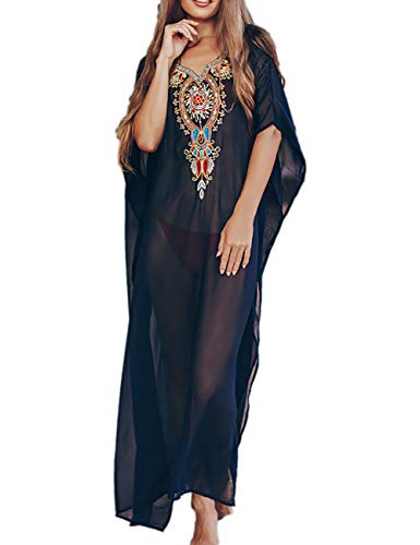 Bsubseach Chiffon Print Shirt Dress Beach Cover Up Loose Turn Down Collar Long Sleeve Bikini Kaftan Cover Ups for Swimwear Women