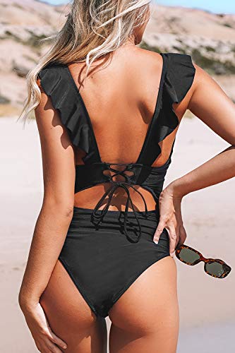 CUPSHE Women One Piece Swimsuit Ruffled Lace Up Beach Swimwear Tummy Control Swimming Costume Bathing Suit