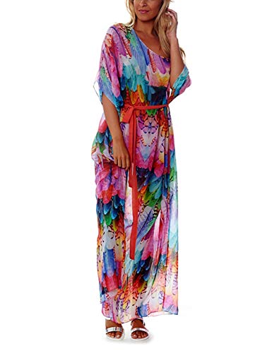 Bsubseach Chiffon Print Shirt Dress Beach Cover Up Loose Turn Down Collar Long Sleeve Bikini Kaftan Cover Ups for Swimwear Women
