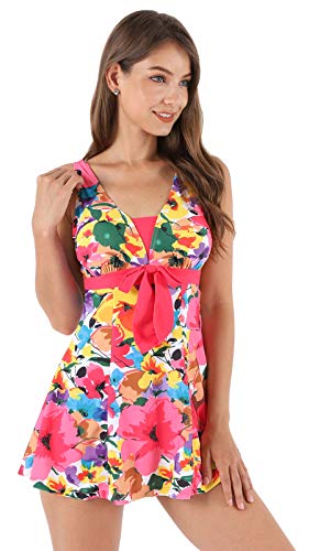 ECUPPER Womens Plus Size Skirted Swimsuit Floral Printed Swimwear Padded Swim Suit Dress with Boy Shorts