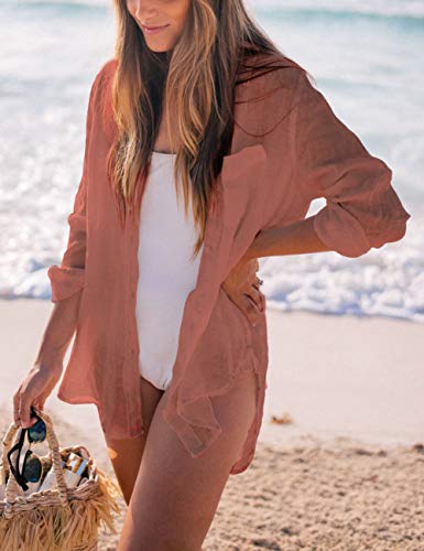 Bsubseach Long Sleeve Beach Shirt Blouses Women Turn Down Collar Bikini Bathing Suit Cover Ups Swimwear Apricot