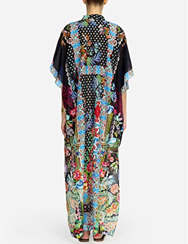 Bsubseach Green Snake Print Loose Kaftan Dress Plus Size Beach Cover Up Half Sleeve Caftan Maxi Dress for Women
