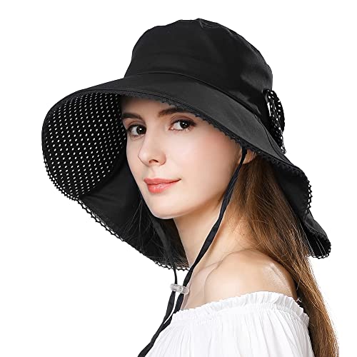 Comhats Ladies Sun Hat Foldable UPF 50 Wide Brim with Neck Protection Summer Spring UV Cotton Safari Gardening Walking Hat with Chin Strap Beige Small