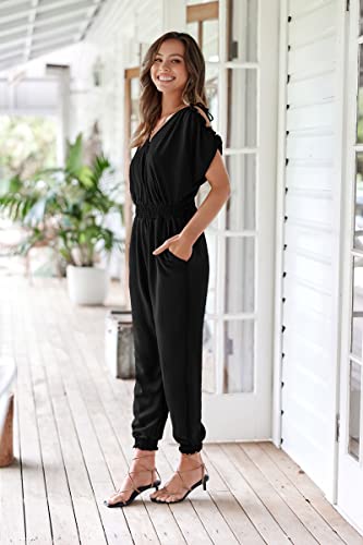 ECOWISH Women's V Neck Spaghetti Strap Drawstring Waisted Long Pants Jumpsuit Rompers