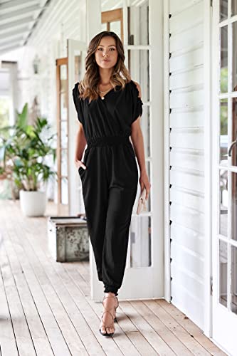 ECOWISH Women's V Neck Spaghetti Strap Drawstring Waisted Long Pants Jumpsuit Rompers