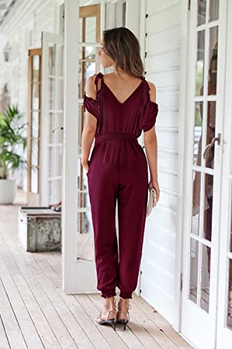 ECOWISH Women's V Neck Spaghetti Strap Drawstring Waisted Long Pants Jumpsuit Rompers