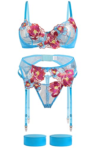 Aranmei Sexy Lingerie Set for Women Naughty 4 Piece Lingerie Set with Floral Embroidered Lace Sheer Underwire Bra with G-String Thigh Bands with Garter Belt Lingerie