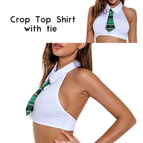 ROSVAJFY Women Sexy Cosplay Lingerie Outfit Set 2 Pcs Costume Preppy Style Shirt Skirt Tie Naughty Wear Button Design Side Split Mini Plaid Fancy Dress Uniform for Party Club Halloween White-Green