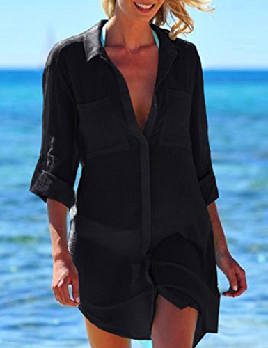 Bsubseach Women Casual Navy Turn Down Collar Bikini Bathing Suit Cover Ups Long Sleeve Beach Cover Up with Pockets