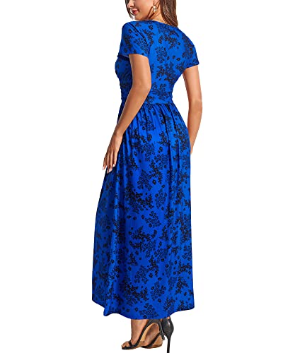 OUGES Women's Summer Casual V Neck Short Sleeve Floral Pattern Wrap Ladies Maxi Long Dress with Pockets