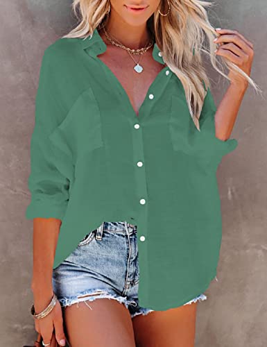Bsubseach Women Casual Navy Turn Down Collar Bikini Bathing Suit Cover Ups Long Sleeve Beach Cover Up with Pockets