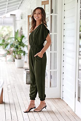 ECOWISH Women's V Neck Spaghetti Strap Drawstring Waisted Long Pants Jumpsuit Rompers