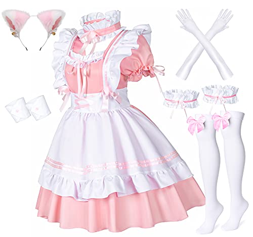 Wannsee Anime French Maid Apron Lolita Fancy Dress Cosplay Costume Furry Cat Ear Gloves Socks Set